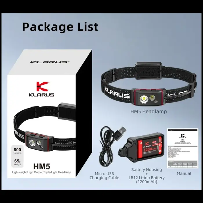 Klarus HM5 800Lumens Lampe frontale légère à triple lumière à haut rendement