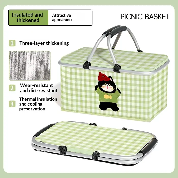 Sac de pique-nique isotherme portable et épaissi, grande capacité, motif à carreaux, sac isotherme p