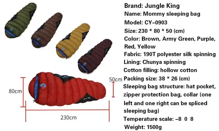 한JUNGLE KING CY0903 Sac de couchage imperméable épais pour temps froid d'hiver, fournitures de Campi