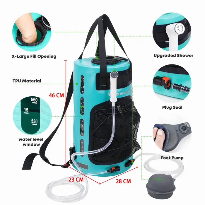 WILD HEART Sac de douche de camping portable avec pompe à pied et tuyau