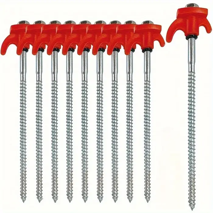Piquets de tente hexagonaux filetés - Poignée en plastique rouge et vis en métal - Accessoires de camping