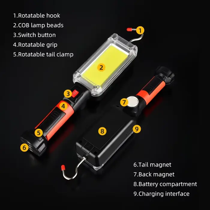 Projecteur COB Rechargeable Lampe de Travail LED Utilisation de 2*18650 Batterie LED Lumière Portable Magnétique Crochet Clip Étanche