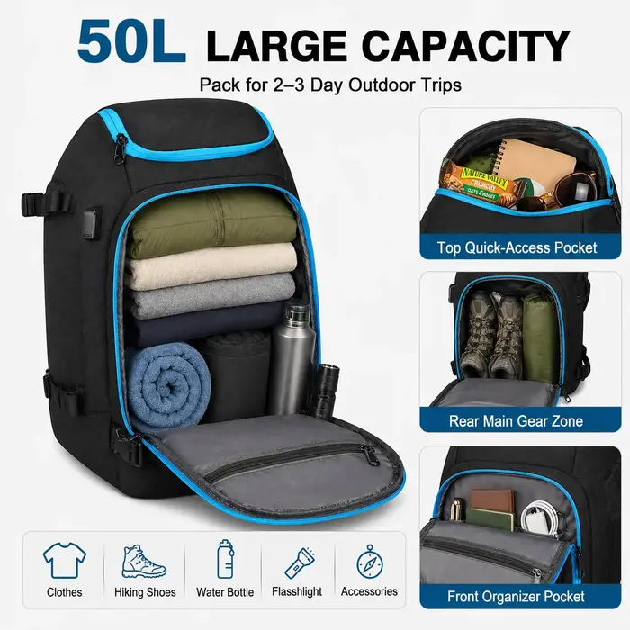 Sac à dos de randonnée 50L avec tissu Oxford résistant à l'eau