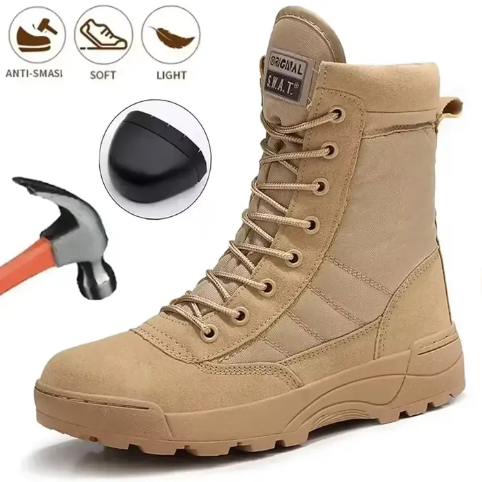 Bottes à bout en acier pour hommes, bottes tactiques d'extérieur pour randonnée dans le désert, résistantes aux coups de couteau, chaussures de sécurité pour le travail, chaussures de Protection