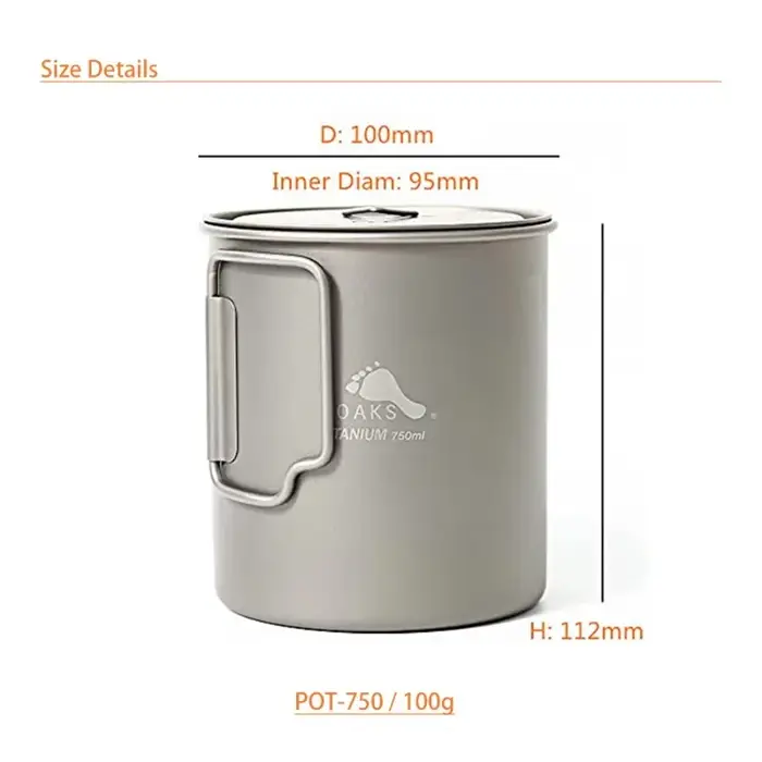 TOAKS Titanium Pot POT-750, tasse d'extérieur ultralégère avec couvercle et poignée pliable, ustensi