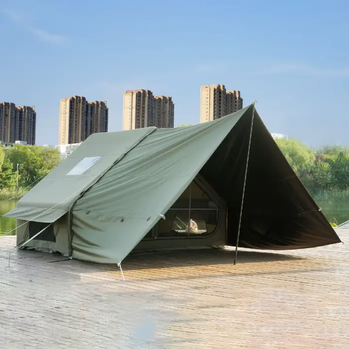 Tente de camping gonflable, tente pneumatique en toile de coton technique de 12,6 m² avec auvent étendu, tente de glamping imperméable et anti-UV