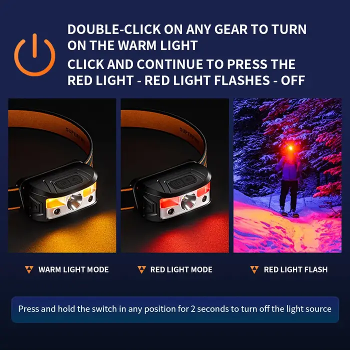 SUPERFIRE-Lampe de poche LED avec capteur de mouvement, 8 modes, lumière blanche/jaune/rouge, pour sauna de camping
