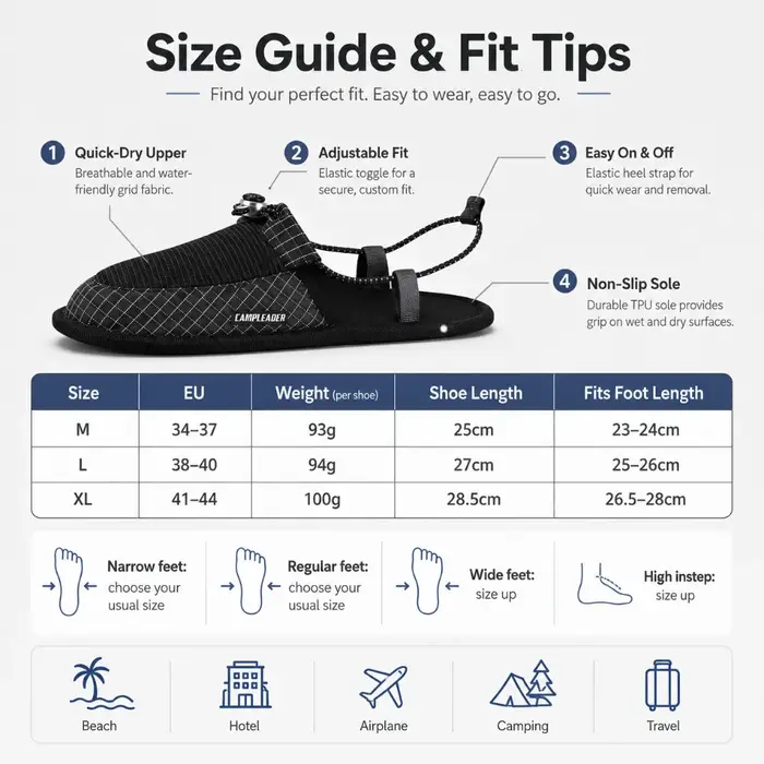 CAMPLEADER Chaussons de camping pliables légers, séchage rapide, antidérapants, chaussures aquatiques pour la plage, l'hôtel, les voyages en avion, le camping