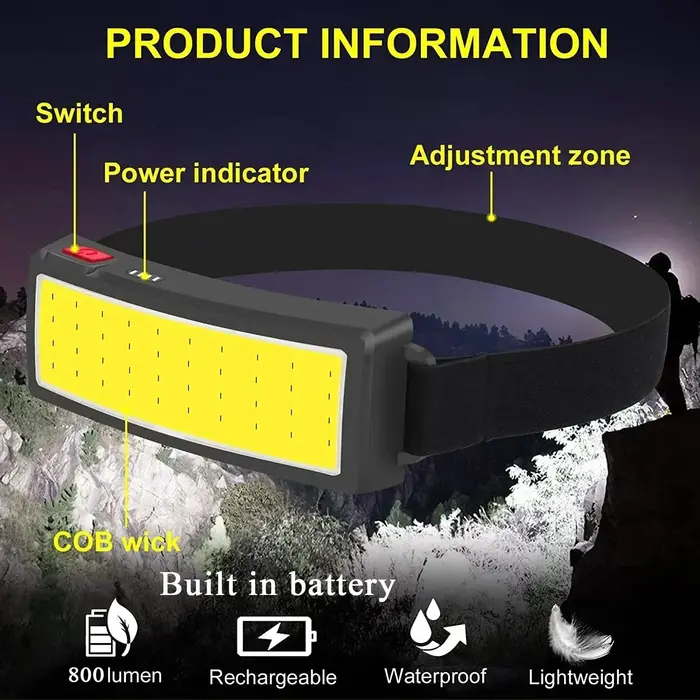 Lampe de poche LED COB pour sauna, batterie intégrée, aste par USB, lampe d'urgence extérieure, lanterne de camping et de pêche, 3 modes