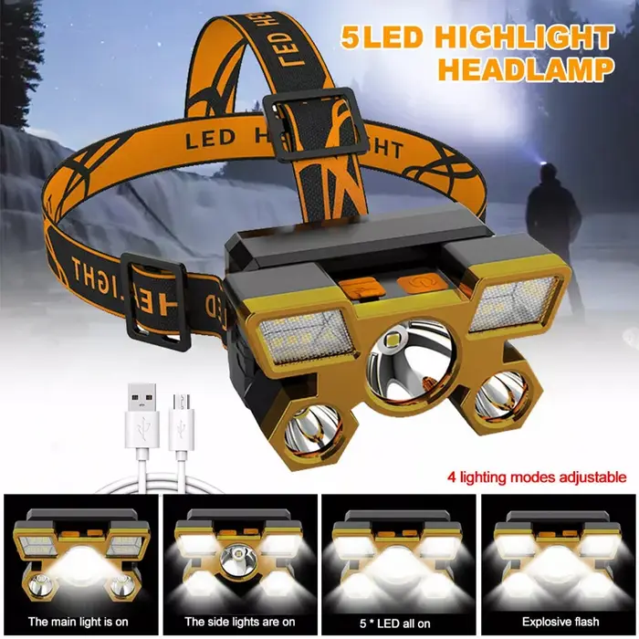 1 lampe frontale Rechargeable, torche de phare Portable 5LED, lampe de travail Portable, lampe frontale de Camping de pêche pour voyage, Camping