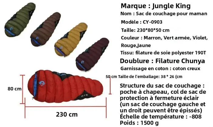 한JUNGLE KING CY0903 Sac de couchage imperméable épais pour temps froid d'hiver