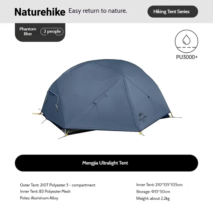 Tente Naturehike Mongar UL pour 2 personnes, tente de randonnée, tente ultralégère 210T, imperméable