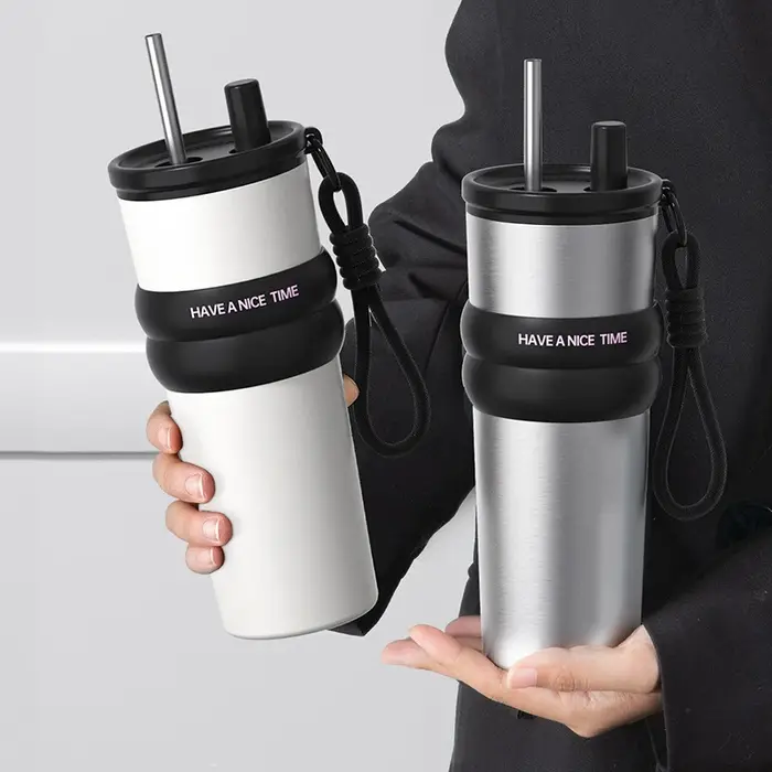 Bouteille isolée sous vide en acier inoxydable avec paille, Thermos anti-fuite pour chaud et froid, bouteille d'eau Portable pour les voyages et le sport