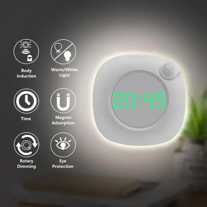 Lampe LED Rechargeable par USB, avec capteur de mouvement, horloge, lumière de chevet à intensité ré
