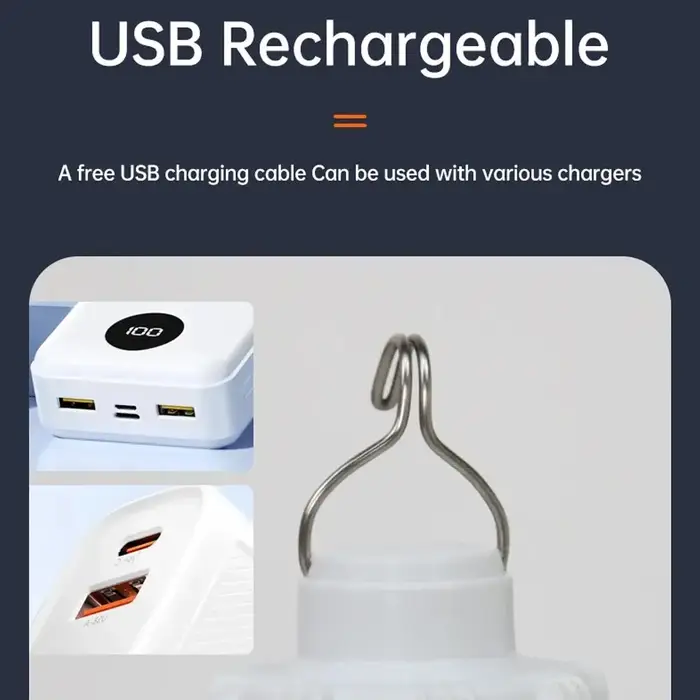 Nouvelle lampe de camping LED portable rechargeable avec crochet, haute luminosité, étanche, charge USB, pour situations d'urgence en extérieur et camping