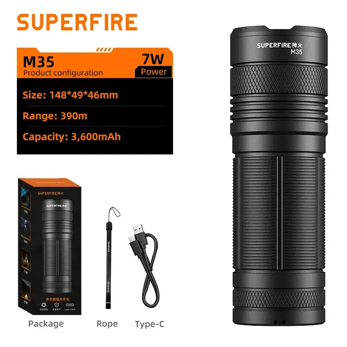 SUPERFIRE M35 7W lampe de poche LED puissante USB-C torche Rechargeable Zoomable lanterne de chasse 