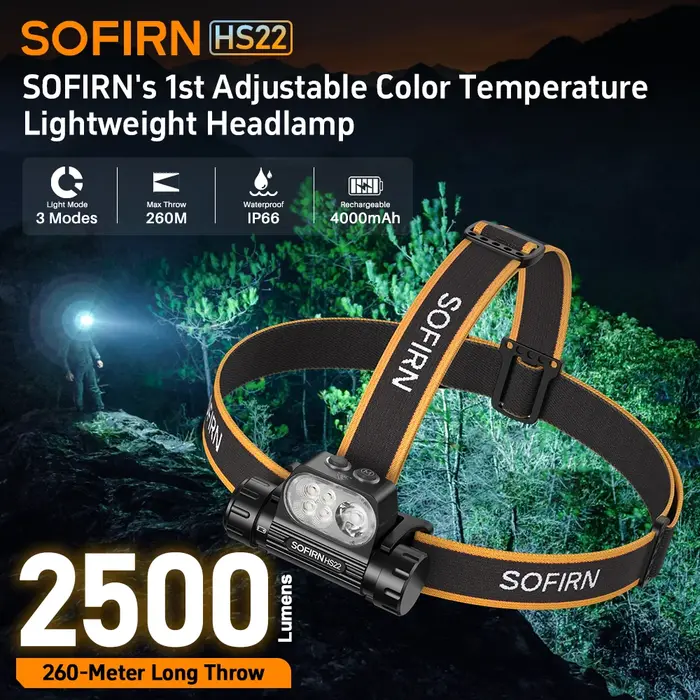 Lampe frontale SOFIRN HS22 LED SFT25R 6000K rechargeable 2500lm double interrupteur avec lumière cha