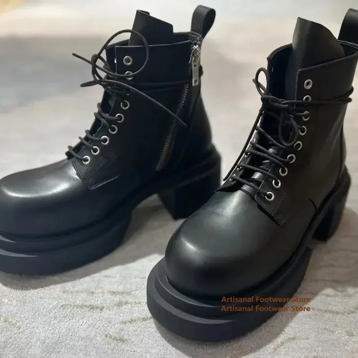 Bottes montantes à semelles épaisses pour hommes, bottines à lacets en cuir véritable, chaussures de