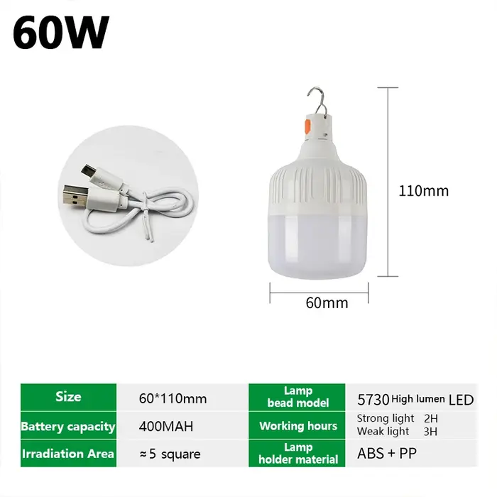 Lampe LED Portable Rechargeable par USB, Éclairage d'Extérieur, Ampoule de Secours, Haute Puissance,