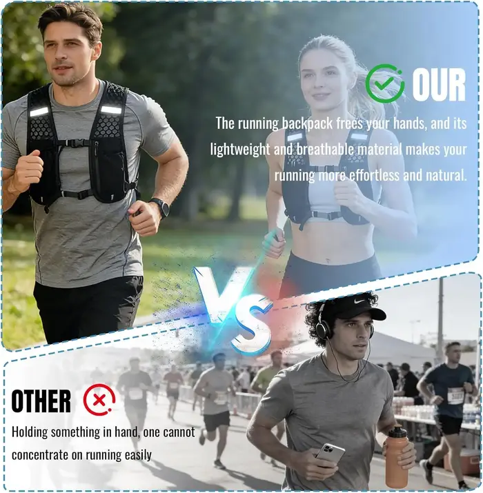 Gilet de course à pied avec bouteille d'eau, léger, respirant, poches de rangement extra-larges, sacs d'hydratation pour femmes et hommes