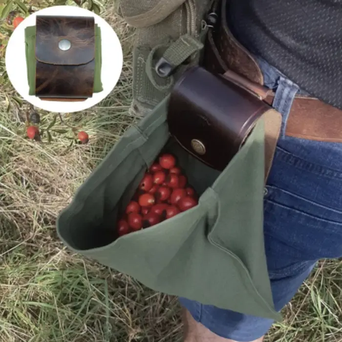 Nouveau sac de recherche de nourriture de randonnée en plein air Portable pochette de cueillette de fruits pliable Berry Puch stockage cuir Bushcraft sac en toile Camping