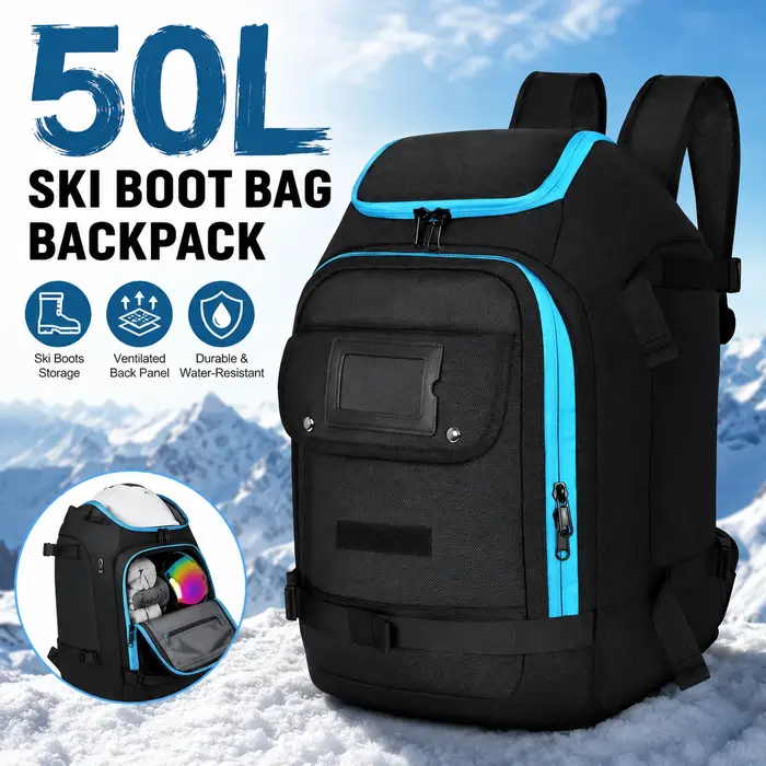 Sac à dos de voyage pour bottes de ski 50L grande capacité imperméable pour bottes de snowboard, casque, lunettes, support pour skis, séparation sec/humide