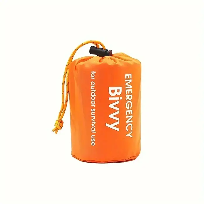 Sac de couchage d'urgence isolé, réutilisable et compact avec sifflet. Matériau PE, cordon de serrag