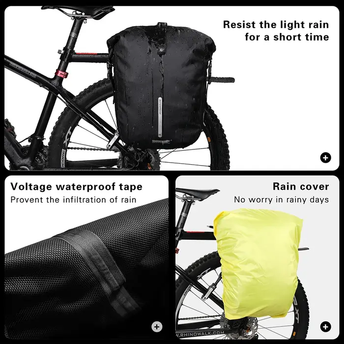 Sacoche de vélo Rhinowalk 20L, imperméable, pour porte-bagages arrière, noire, sac de voyage pour cyclisme, sac à bandoulière, sac à dos, sac de rangement latéral pour vélo