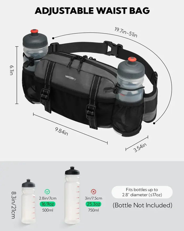 WATERFLY Sac banane de randonnée 3L – Sac de taille avec 2 porte-bouteilles et 9 poches