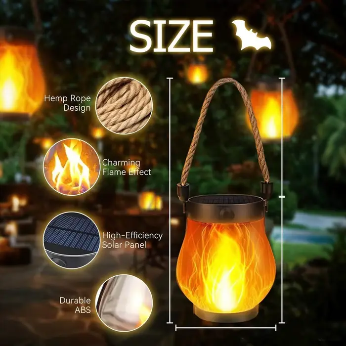 Lanternes solaires d'extérieur, lampe étanche, lanterne solaire à flamme vacillante, chargement USB, décoration d'Halloween pour maison hantée, jardin