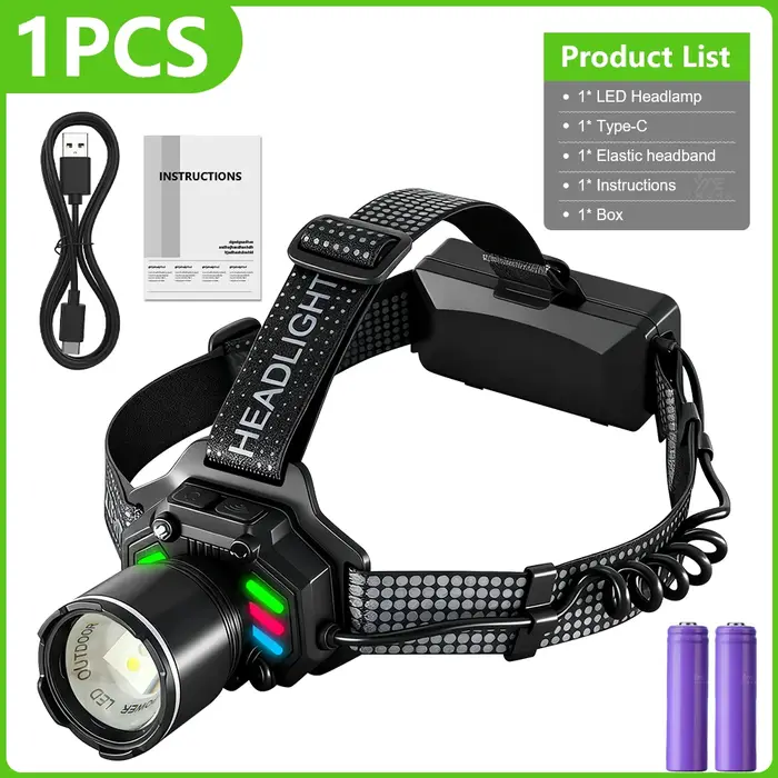 Lampe Frontale de Pêche LED, Détecteur Lumière Bleue, Rechargeable USB, Batterie 18650, Etanche, Mains Libres