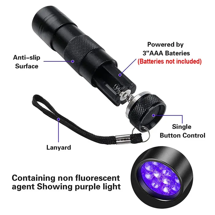 Lampes de poche UV portables étanches à lumière noire, 12 Led, 395nm, Mini détecteur de torche pour