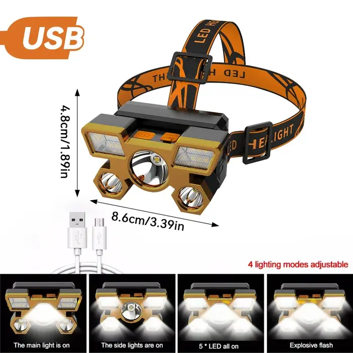 1 lampe frontale Rechargeable, torche de phare Portable 5LED, lampe de travail Portable, lampe frontale de Camping de pêche pour voyage, Camping
