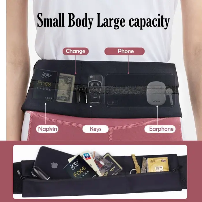 Sac de ceinture de course sur sentier, sac banane de fitness, ceinture élastique, poche à double fermeture éclair, sac de course, étui de téléphone de sport
