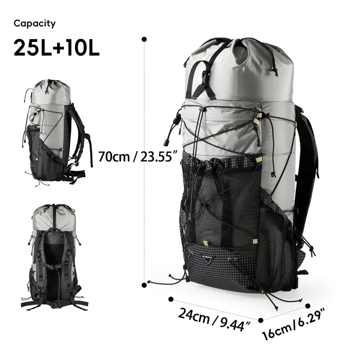 BISINNA Sac à dos de camping 25 + 10L, sac de voyage ultraléger pour hommes et femmes, grande capaci
