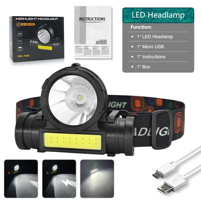 Lampe frontale LED puissante pour l'extérieur, étanche IPX4, lampe de poche d'urgence, 500000lm, 120