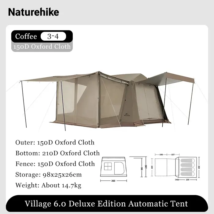 Naturehike Village 6.0 Deluxe 2.0 tente de Camping 3-4 personnes auvent automatique tente de randonn
