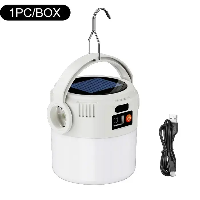 Lampe solaire LED portable pour camping extérieur avec crochet de fixation et prise TYPE-C