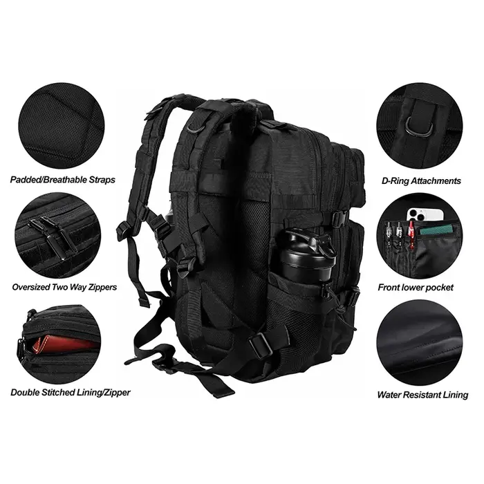 LHI 45L/35L/25L sac à dos tactique pour hommes et femmes étanche athlète salle de sport sac de plein air voyage randonnée sac à dos avec porte-bouteille