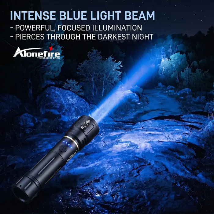 Lampe torche LED Alonefire Zoom haute puissance à lumière bleue, rechargeable par USB, en aluminium, pour le camping, la randonnée, la chasse, la pêche
