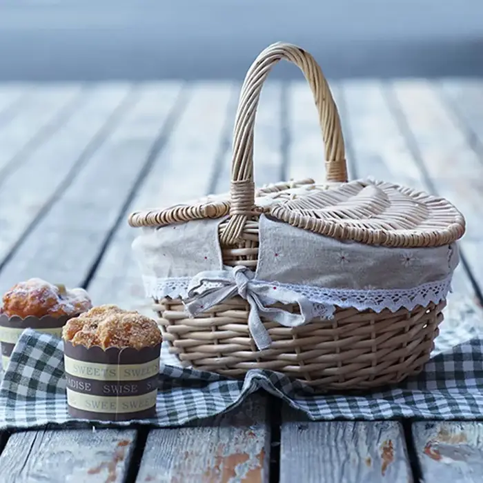 Panier de pique-nique en osier fait main avec poignée