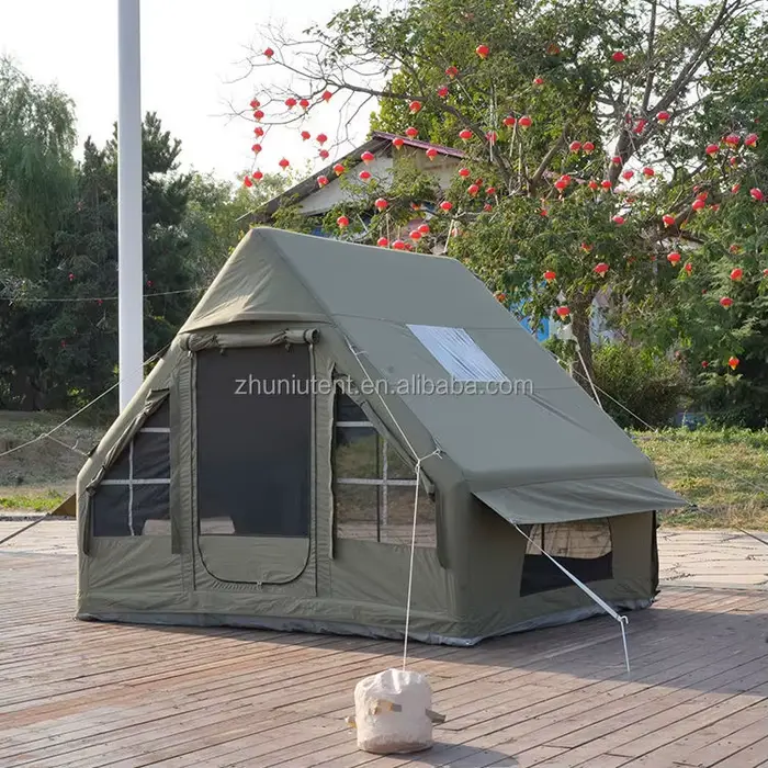Tente de camping gonflable, tente pneumatique en toile de coton technique de 12,6 m² avec auvent étendu, tente de glamping imperméable et anti-UV