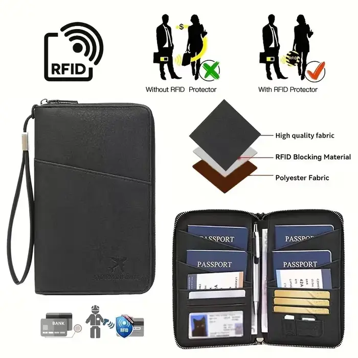Porte-documents de voyage noir avec fermeture éclair longue, portefeuille de rangement pour billets, sac de rangement pour plusieurs passeports avec sangle de poignet TMZ, 1 pièce
