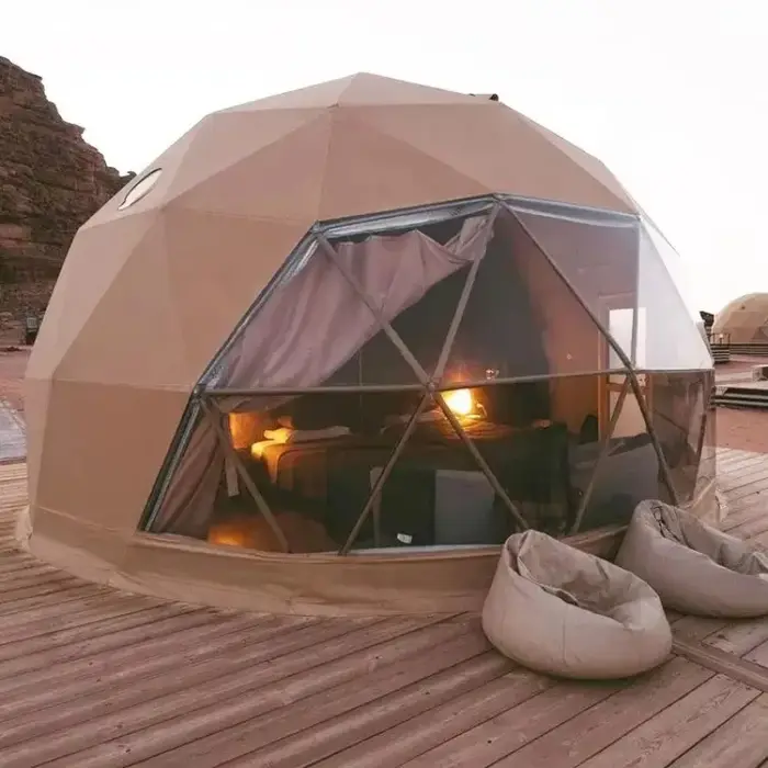 Cabane de jardin extérieure, maison en forme de dôme, tente géodésique de camping, igloo avec toit transparent, poêle et salle de bain, personnalisable