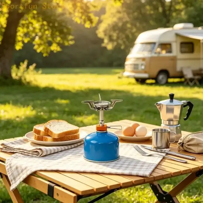 Tête de réchaud de camping avec poignée dentelée pour cuisson en extérieur, conception pliable pour le voyage avec centre en métal et cadre de support en métal