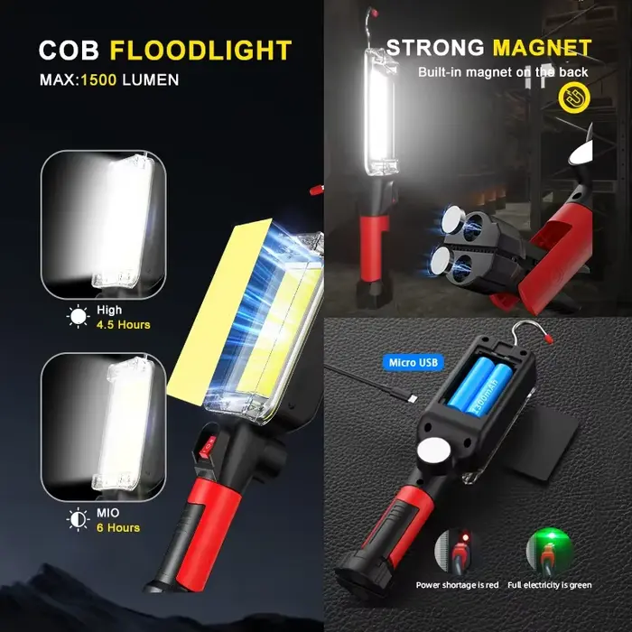 Projecteur COB Rechargeable Lampe de Travail LED Utilisation de 2*18650 Batterie LED Lumière Portable Magnétique Crochet Clip Étanche