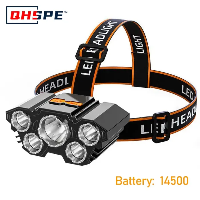 Lampe frontale rechargeable à 5 LED, lumière forte, batterie 18650 intégrée pour Camping, aventure,