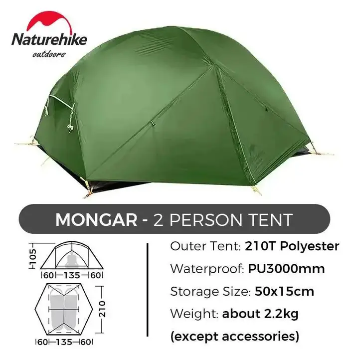 Naturehike Mongar – tente de randonnée pour 2 personnes, en Polyester 210T, Double couche, sur pied,