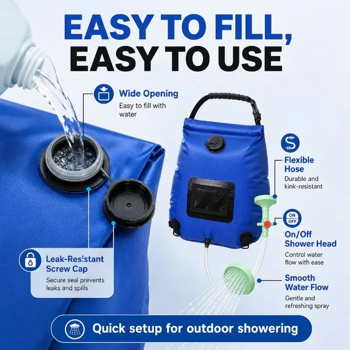 Sac de douche solaire 20L, sac d'eau portable pour le camping avec tuyau et buse pour la randonnée, les voyages et les activités de plein air
