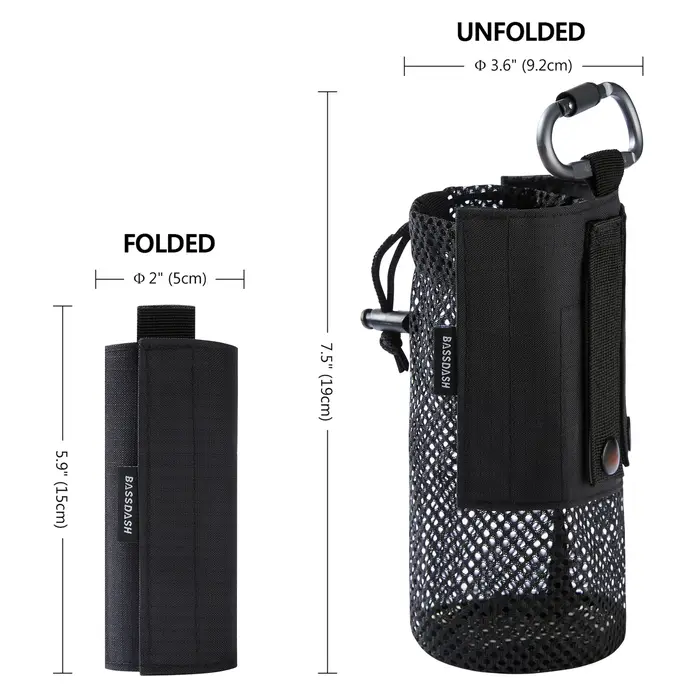 Bassdash pochette pour bouteille d'eau avec sangles Molle pince de ceinture mousqueton sac de support en maille pliable pour voyage pêche chasse randonnée